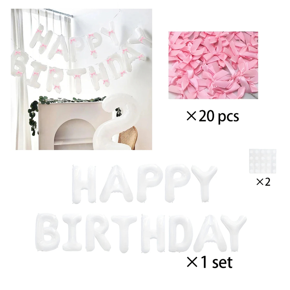 White Happy Birthday Banner with Pink Bow Balloons