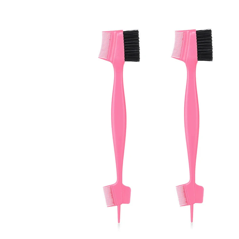 A pair of pink edge control brushes with black bristles for hairlines and wigs.