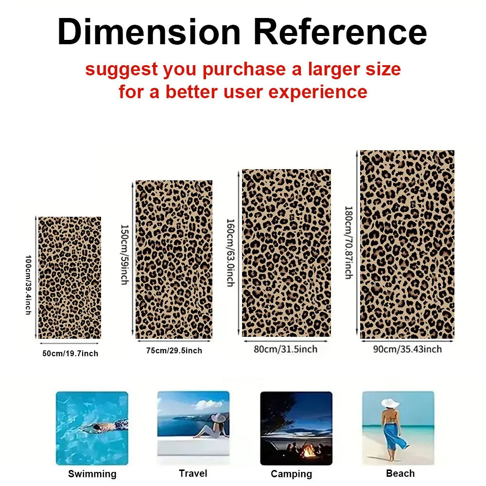 A set of leopard print microfiber towels shown in various sizes and used for swimming, travel, camping, and beach activities.
