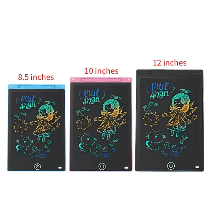 Drei Versionen eines verstellbaren LCD-Zeichentabletts für Kinder in 8,5, 10 und 12 Zoll.