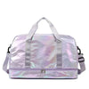 A lavender iridescent travel duffel bag with light gray straps and a silver clasp.