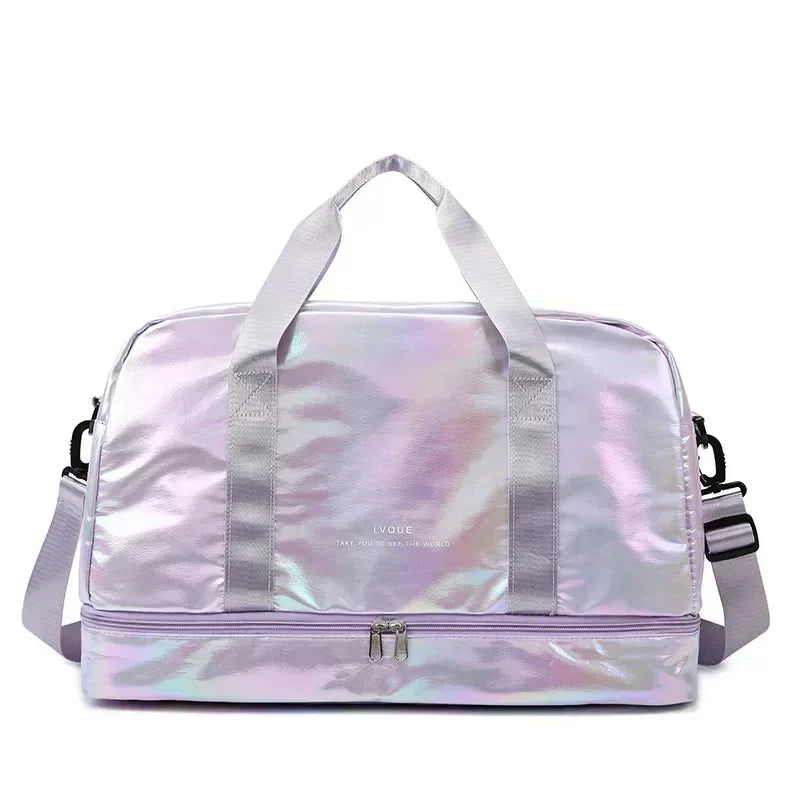 A lavender iridescent travel duffel bag with light gray straps and a silver clasp.