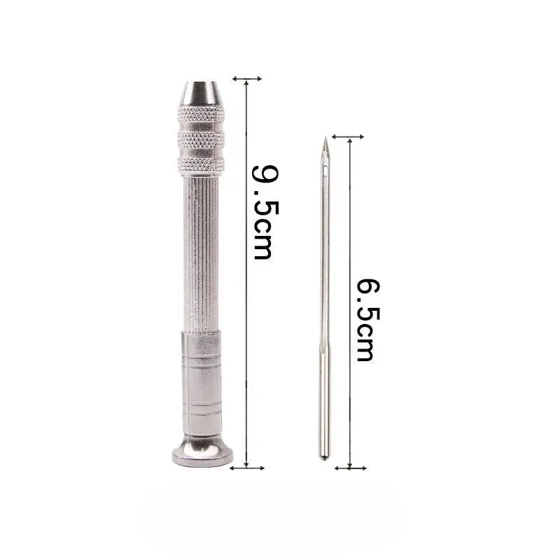 A silver leather sewing awl set with replaceable needles shown in a vertical dimension view.