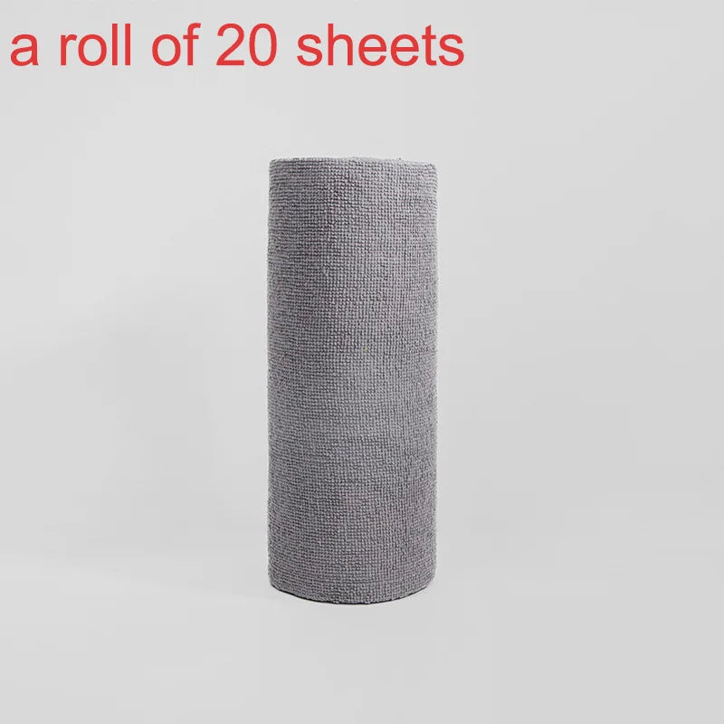 A roll of gray reusable microfiber cleaning towels.
