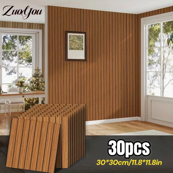 30 pieces of 3D wood grain peel and stick wall panels installed on a wooden interior wall.