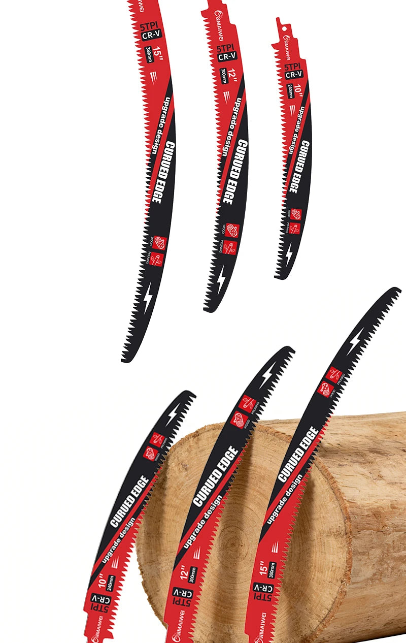 A set of red and black curved edge STI Pro CR-V reciprocating saw blades for wood pruning, shown individually and partially i