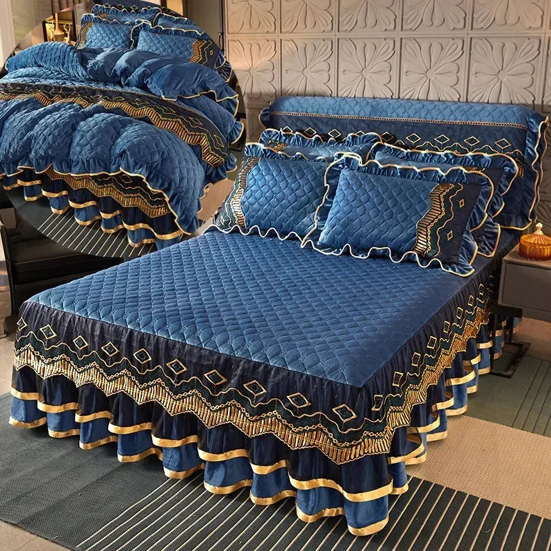 Crystal Velvet Gold Lace Bed Skirt with Anti-Slip Base