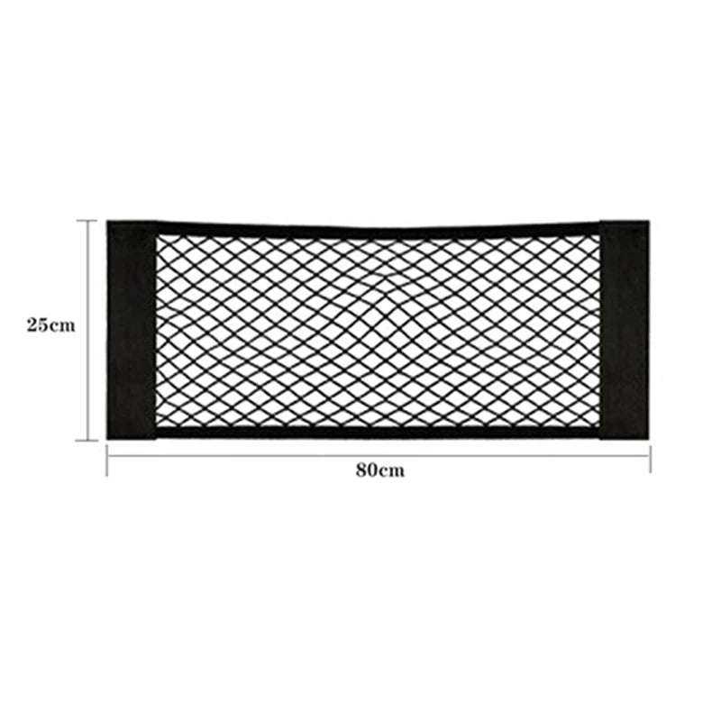 Black elastic mesh car seat back organizer with dimensions 25cm by 80cm