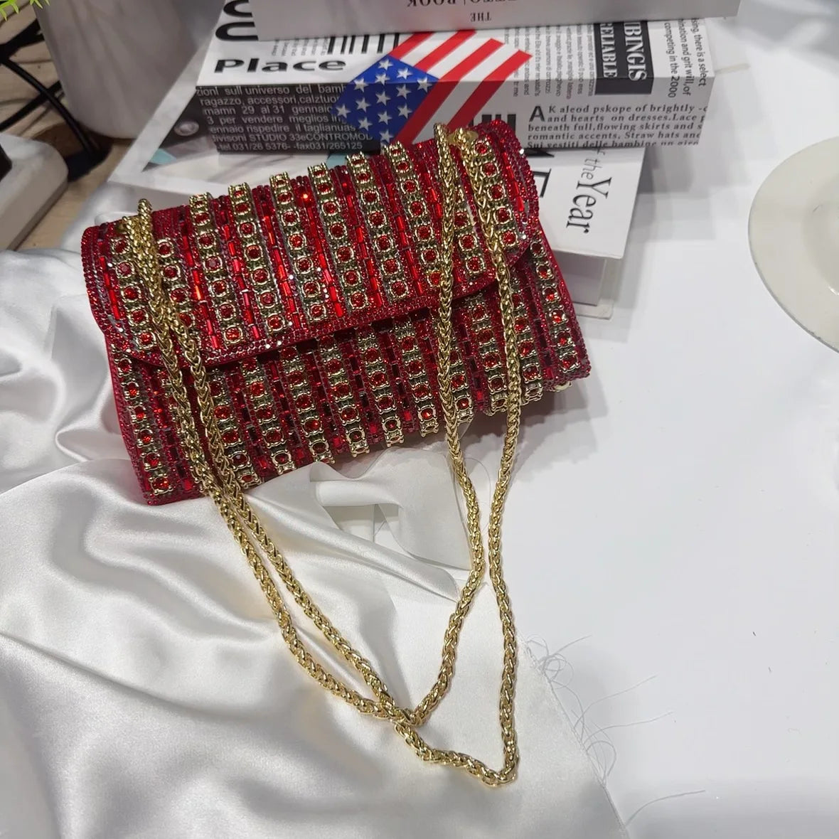 Crystal-Embellished Evening Clutch Bag with Chain Strap