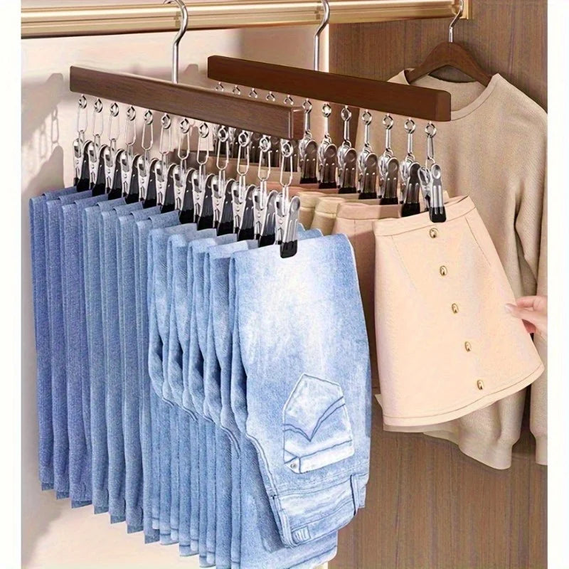 Wooden Multi-Clip Garment Hanger for Closet Organization