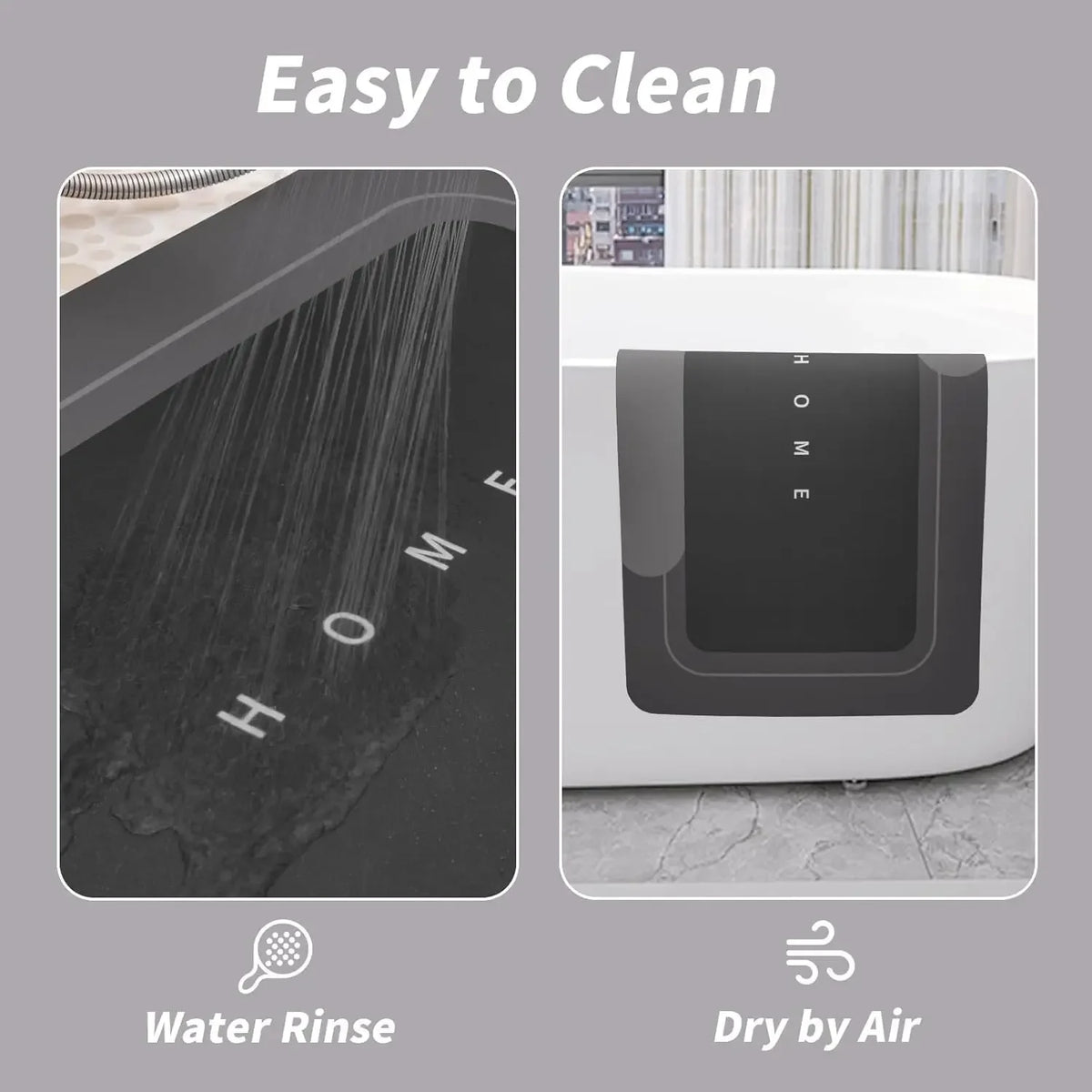 Demonstration of easy cleaning for natural diatomium mud floor mats showing water rinse and air drying methods.