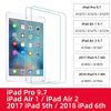 A set of tempered glass screen protectors for various iPad models including Pro, Air 1, Air 2, and older generations.