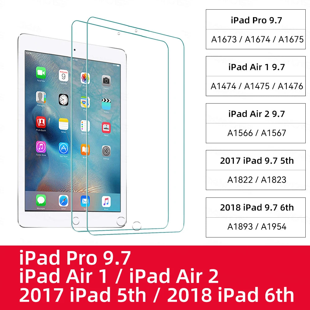 A set of tempered glass screen protectors for various iPad models including Pro, Air 1, Air 2, and older generations.