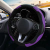 A close-up view of a purple premium PU leather steering wheel cover with a non-slip grip installed in a car interior.