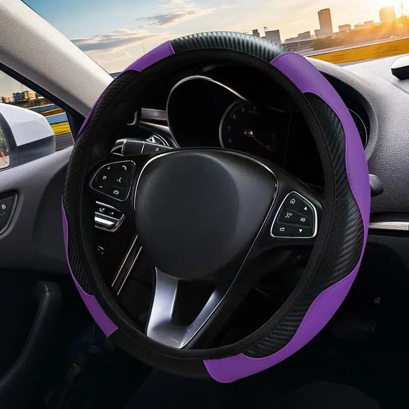 A close-up view of a purple premium PU leather steering wheel cover with a non-slip grip installed in a car interior.