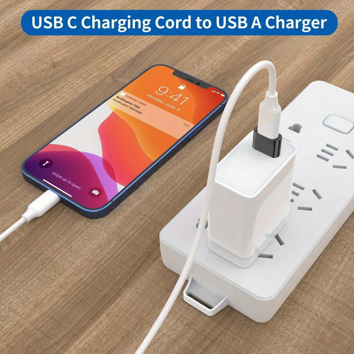 A USB C charging cord adapter is shown connecting a smartphone to a white USB A charger block.