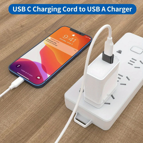 A USB C charging cord adapter is shown connecting a smartphone to a white USB A charger block.