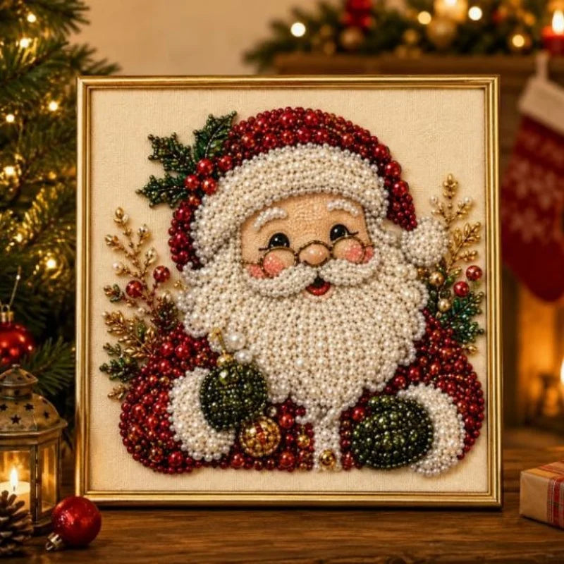 Gerahmtes Gemälde mit Weihnachtsmann mit weißem Perlenbart, umgeben von roten und grünen festlichen Elementen.