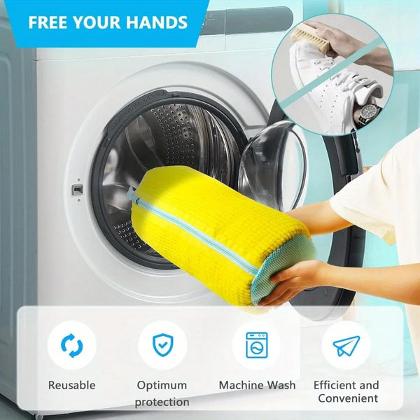 A yellow reusable bag is shown inside a washing machine drum, demonstrating the convenient shoe washing feature.