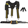 Black adjustable tool belt and suspenders with yellow accents and lumbar support straps