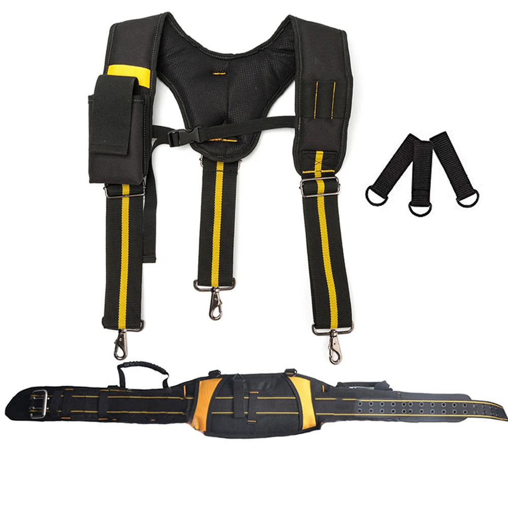 Black adjustable tool belt and suspenders with yellow accents and lumbar support straps