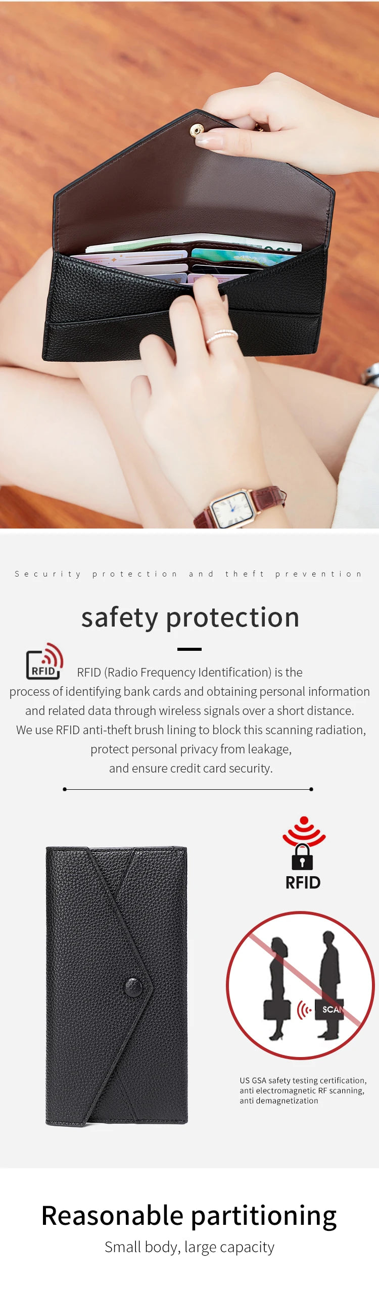 A hand is opening a black PU leather wallet with card slots to show the RFID protection feature.