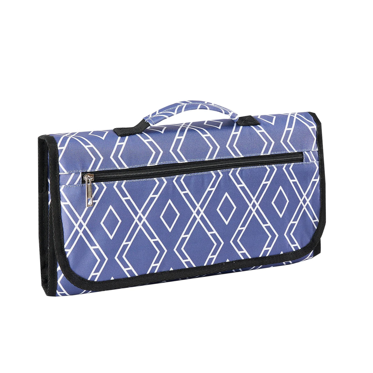A navy blue foldable waterproof baby changing pad with a zipper and black trim.