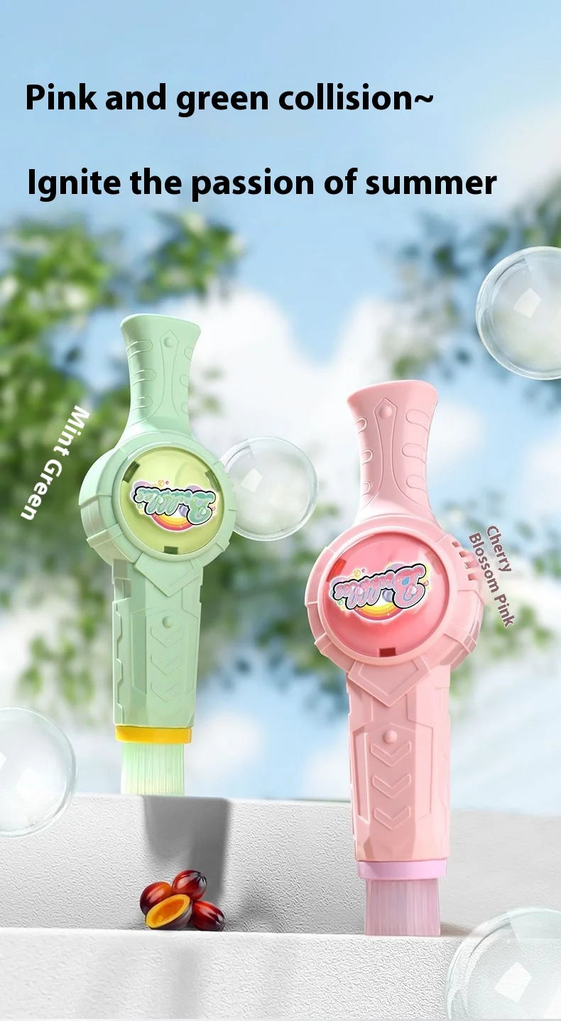 Pink and green bubble guns with colorful lights set against a bright outdoor background.