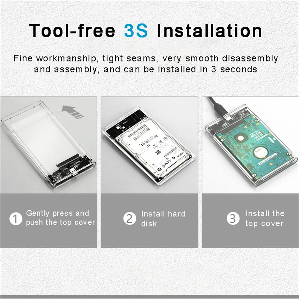 Diagram showing the tool-free 3S installation process for a transparent USB 3.0 to SATA HDD enclosure.