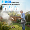 A man is using a 31 inch extendable wand from a 2 gallon cordless garden sprayer to spray plants in a yard.