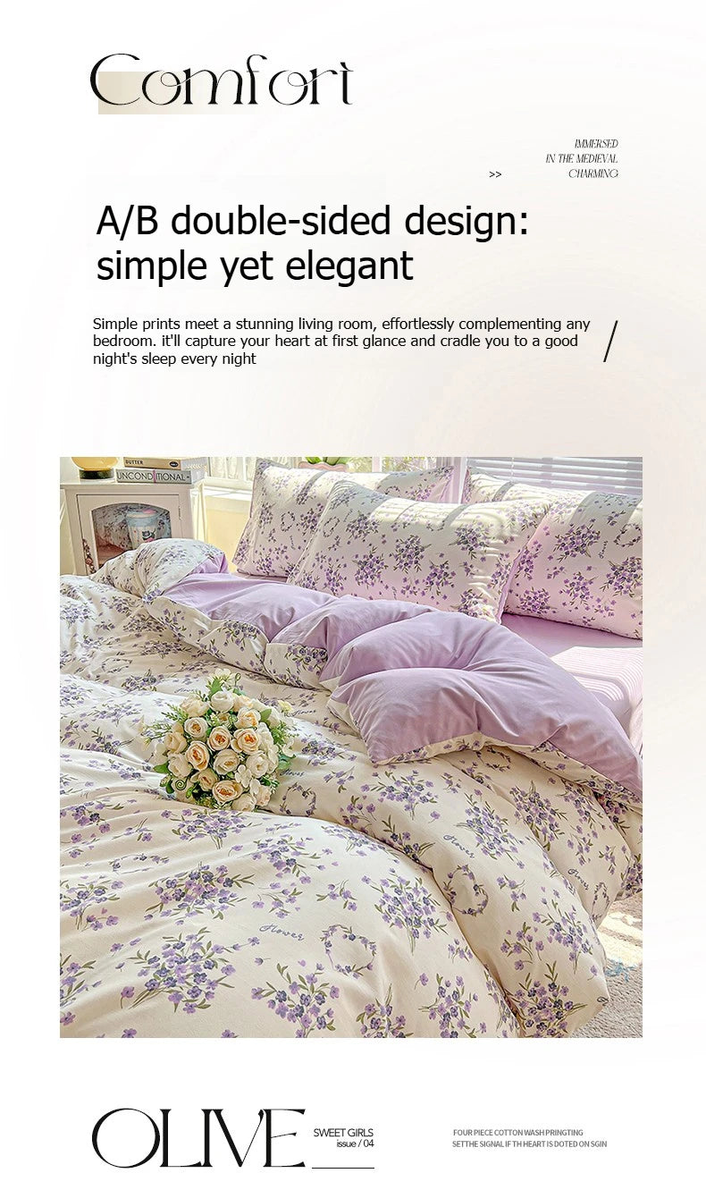 A luxurious floral duvet cover set featuring lavender and purple tones with a delicate pattern.