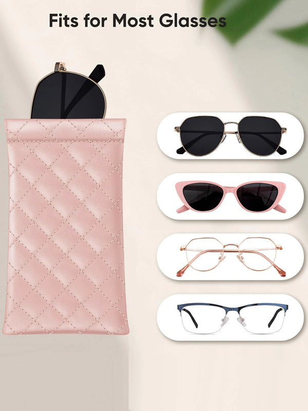 Pink quilted soft PU leather squeeze glasses case with a storage pocket shown next to various sunglasses.