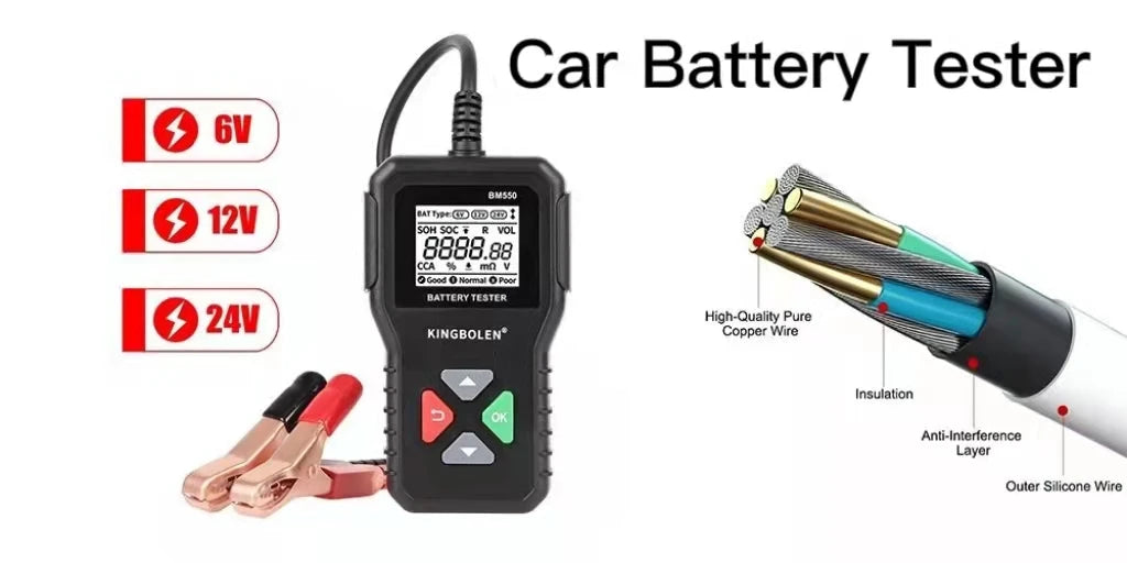 A black car battery tester device is shown with voltage indicators for 6V, 12V, and 24V, next to battery jump starter clamps.