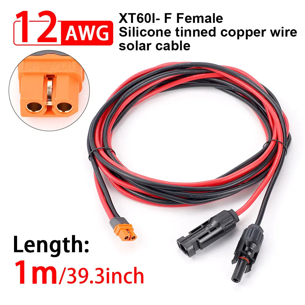 Red and black silicone tinned copper wire solar cable XT60I-F to solar connector, 1 meter long.