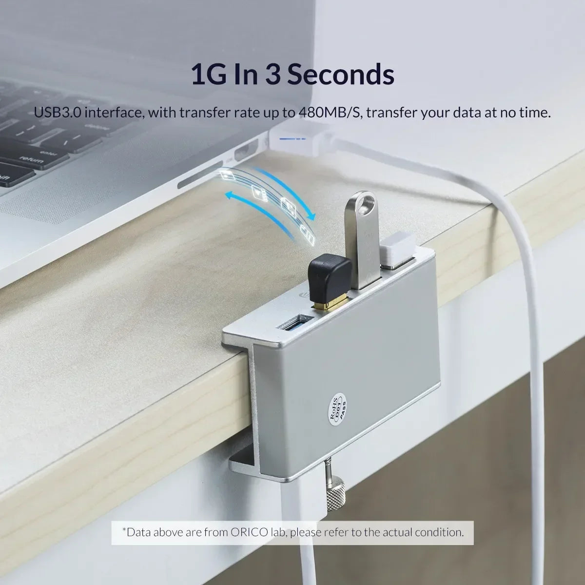 Aluminum USB 3.0 Hub with Clamp Mount for Desktops and Laptops