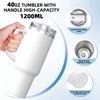 A hand holds a white 40oz tumbler with a handle, showing its design features like a leak proof safety lock and food-grade sta