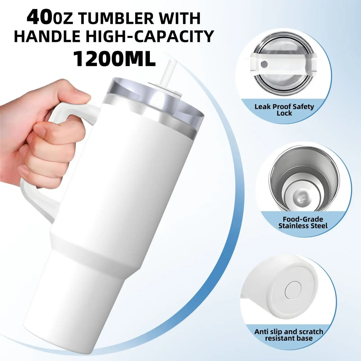 A hand holds a white 40oz tumbler with a handle, showing its design features like a leak proof safety lock and food-grade sta