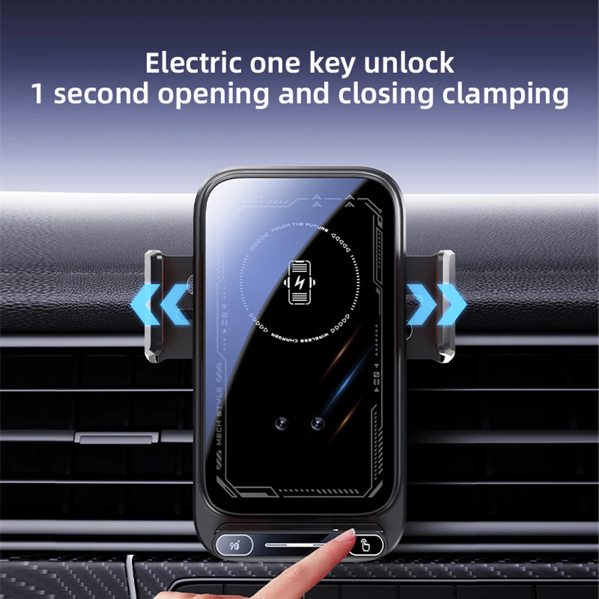 A black phone mount with an electric one-key unlock feature is shown clamped onto a car grille.