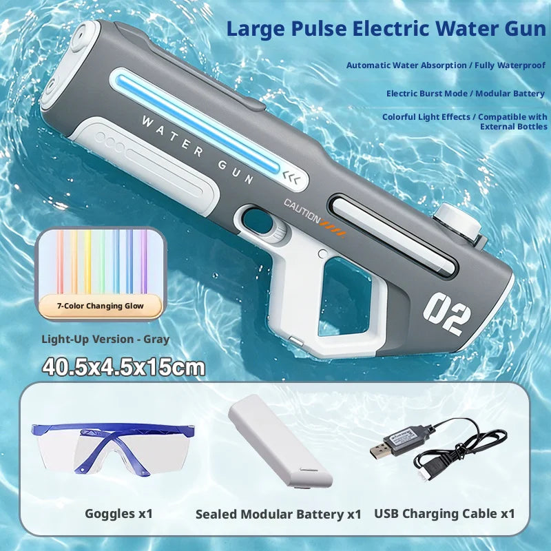 A gray electric water gun is shown with accessories including goggles, a sealed modular battery, and a USB charging cable.