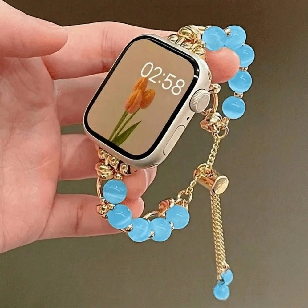 Crystal Bead Watch Strap with Adjustable Metal Link Design