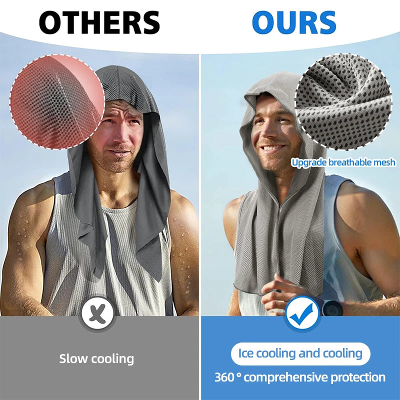 Comparison image showing a dark gray evaporative cooling hoodie towel with mesh texture and a light blue background.