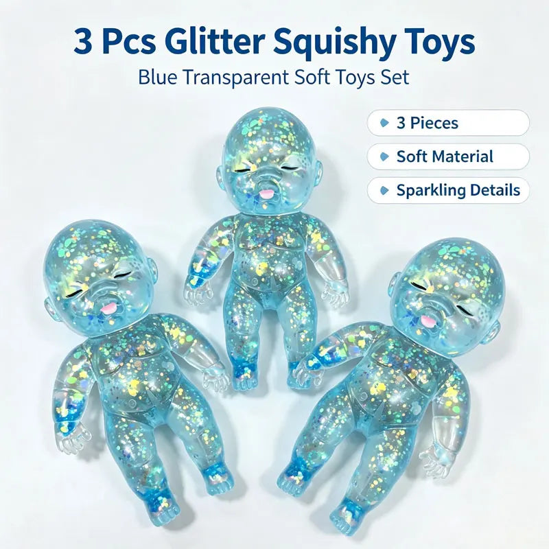 A set of three blue transparent glitter squishy toys made of soft material for stress relief and fidgeting.