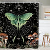 A shower curtain featuring a bold black and white design of a skeleton skull with intricate patterns.