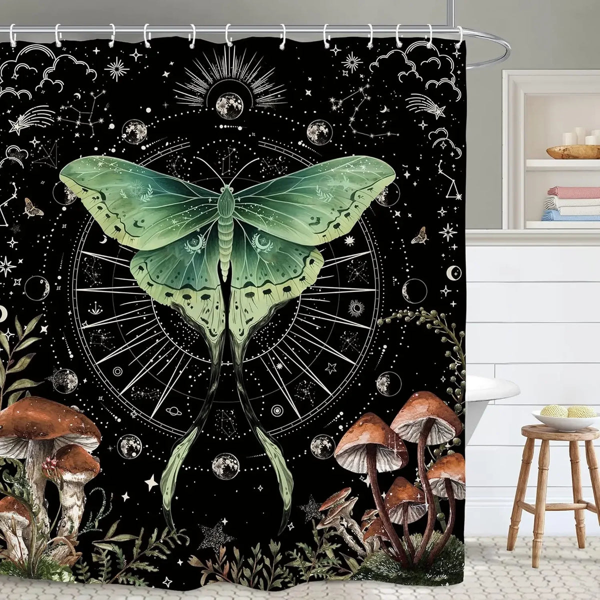 A shower curtain featuring a bold black and white design of a skeleton skull with intricate patterns.