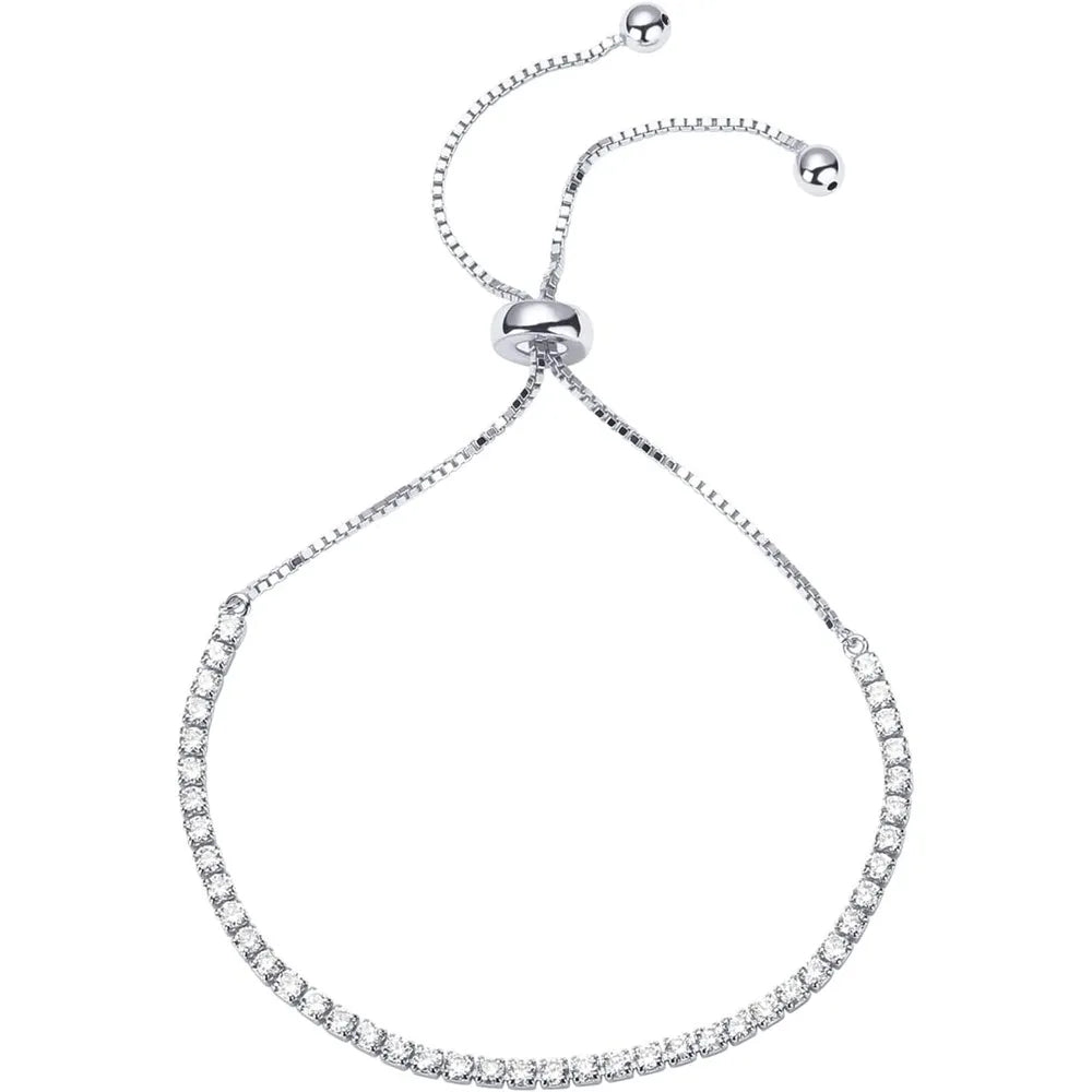 A classic tennis bracelet featuring cubic zirconia stones on a silver chain.
