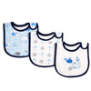 A set of three soft cotton baby bibs featuring cartoon sea creatures and nautical designs.