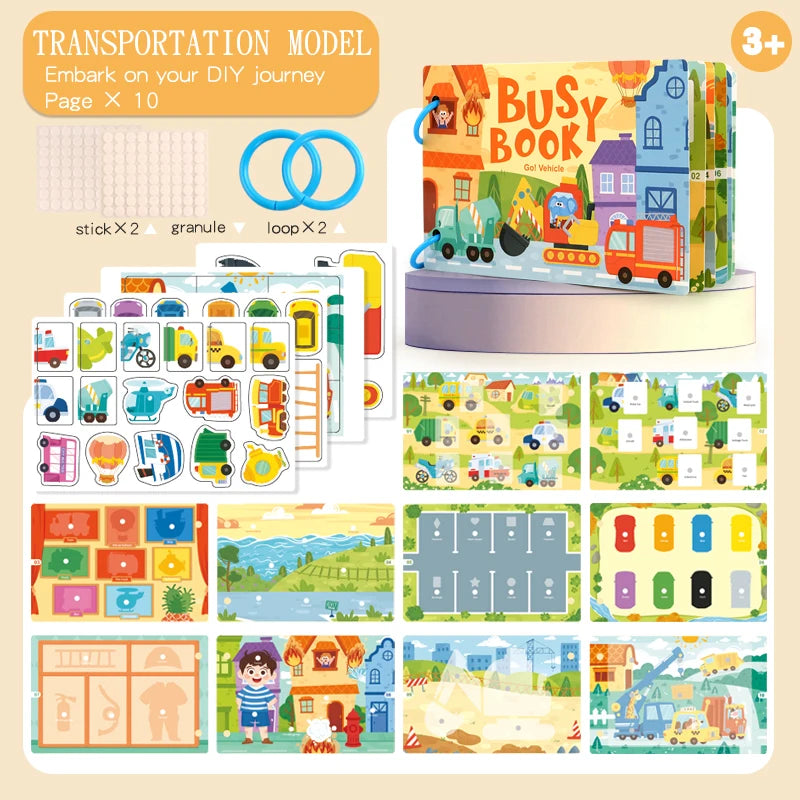A box of Busy Book Montessori quiet book with various wooden vehicles and scenes for interactive learning