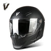 A black full-face motorcycle helmet with a clear visor and ventilation slots.