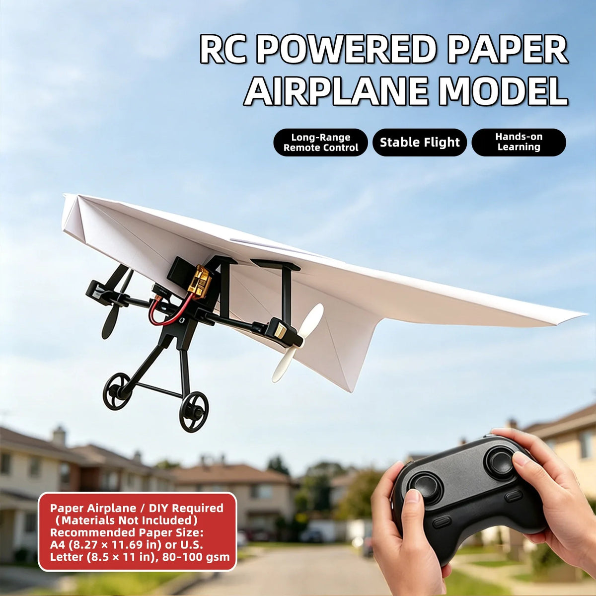 A white RC powered paper airplane model is shown in flight against a cloudy sky.