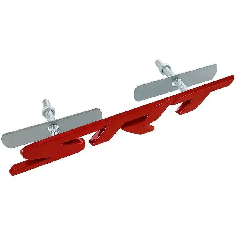 Red and silver metal grille emblem for a Dodge SRT vehicle.